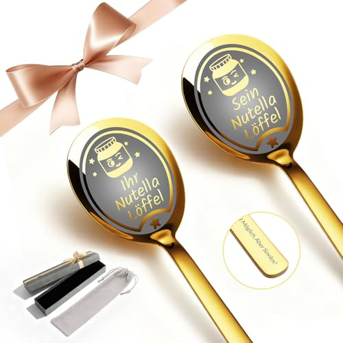 CGFN Valentinstag für Ihn Sein Jahrestag Geschenk für Frauen Männer 2 Stück Gold Löffel Personalisierter für Nutella,20.3cm,Jahrestag Geschenk Paare zu Weihnachten (Gold, lhr und Sein)