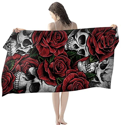 LXTOPN Skull Strandtuch, Mikrofaser Strandtuch für Damen Badetuch Groß 80x160cm, Strandtücher mit Totenkopf und Rose Motiv, Schwarzer Skull Badetuch