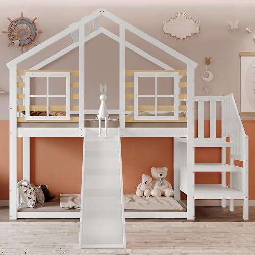 DHWDS Hussäng 90 x 200 cm blockhus med rutschkana och fönster, våningssäng, barnsäng med trappa och fallskydd, massiv träsängram med galler, träsäng för barnrum, vit natur