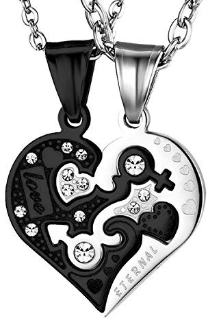 OIDEA Paar Halskette mit Herz Puzzle: 2 Stück Kette mit Anhänger Gravur Love Eternal aus Edelstahl Schwarz Silber Jahrestag Valentinstag Schmuck Geschenk für Paare Pärchen Partner