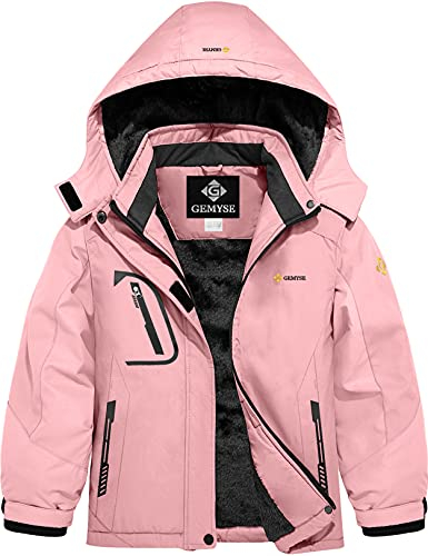 GEMYSE Veste de Ski pour Fille avec Capuche Imperméable Coupe-Vent Manteau d'hiver de Neige de Montagne en doublure polaire pour enfant(Rose,140-146)