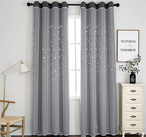 SIMPVALE Vorhang Blickdicht Gardine Kinderzimmer Sternen Mond Verdunklungsvorhänge Doppelschicht Fenstervorhänge mit Ösen für Schlafzimmer Wohnzimmer Küch, 1 Stück, Grau, B140 x H160cm