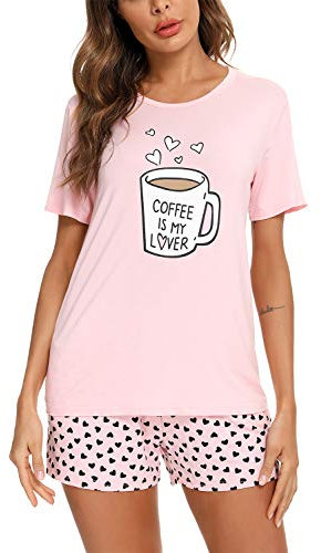 EISHOPEER Ensembles de pyjamas assortis avec t-shirt imprimé mignon et short, vêtements de nuit, ensembles de pyjama 2 pièces vêtements de détente, Tasse rose, L
