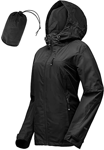 33,000ft Regenjacke Damen Wasserdicht Outdoorjacke Atmungsaktiv Herbst Übergangsjacke Leichte Jacke mit Kapuze Windbreaker zum Wandern Reisen Treking Fahrrad schwarz 46