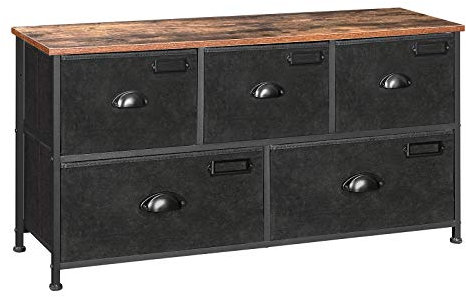 SONGMICS Fabric Chest of Drawers, Bedroom Storage Unit, Wide Dresser Cabinet with 5 Drawers for Closet Living Room, Metal Frame, Industrial, Rustic Brown and Black LVT25H