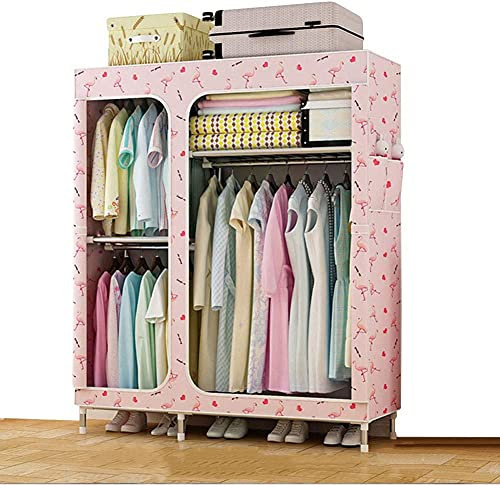 LSDRALOBOOE Kleiderschrank Stoffschrank Faltschrank Stoffkleiderschrank Stahlrohrklappfächer und Seitentasche Faltschrank Folding 717(Color:Rosa;Size:49x17x66in)