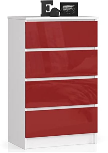 AKORD Kommode K60 60 cm | 4 Schubladen | Schrank | für das Wohnzimmer | für das Schlafzimmer | B60 x H99 x T40 cm | Gewicht 29,80 kg | Weiß/Rot Hochglanz