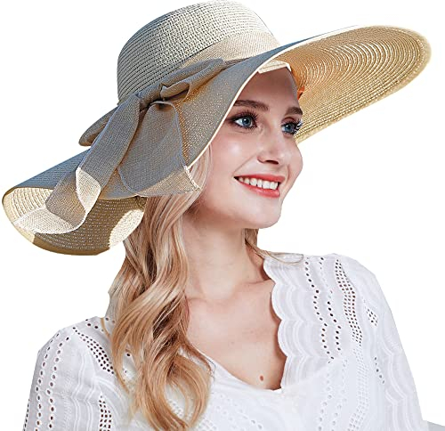 Damen Strohhut mit großer Schleife, faltbar, aufrollbar, Sonnenhut, LSF 50+, 14 cm, 03-Beige, Einheitsgröße