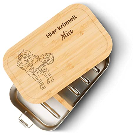 GRAVURZEILE Brotdose aus Edelstahl mit graviertem Bambusholzdeckel - Lunchbox mit Einhorn Motiv - Personalisiert mit Name - Nachhaltiges Geschenk zum Schulanfang - Größe: Groß