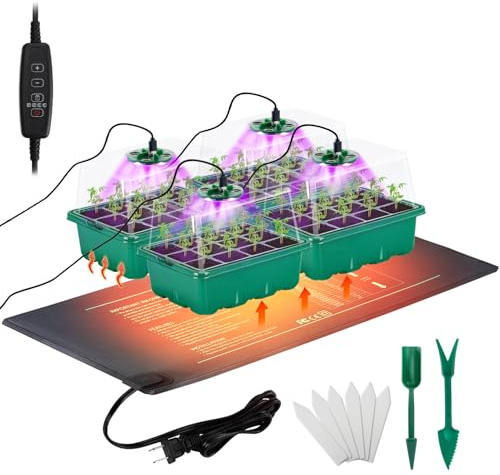Seed Starter Kit, Germination Kit with Grow Lights Heat Mat, 48-Cell Seeding Tray Propagation Kit for Seeds Plants Growing
