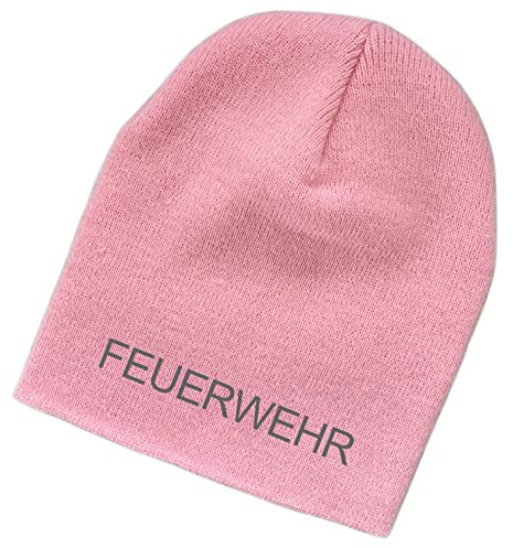 Schnoschi Rosa Strickmütze (Beanie Mütze) mit Feuerwehr Bestickt für Herren, Damen, Jugendliche und Kinder