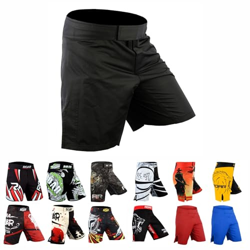 Roar MMA Grappling Shorts Kickboxing Muay Thai Shorts BJJ Gym Training Athletic Shorts (Simple-Black, Small)