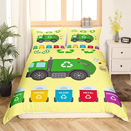 Homewish Kinder Grüner Müllwagen Bettwäsche 135x200,Recycling Müllwagen Bettwäsche Set für Jungen Mädchen Jugendliche Zimmer,Mülltrennung Thematischer Bettbezug Cartoon Auto Bett Set,Mikrofaser Weich