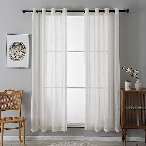 INILINAS 52 x 84 Inch Line Sheer Curtains - Linen Blend Privacy Sheer Curtains Window Treatment Drapes Farmhouse Decor for Bedroom Living Room Sliding Glass Door, Set of 2