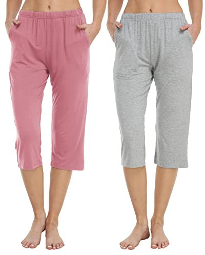 JINSHI Bas de Pyjama Femme Pantacourt Doux Confortable Modal Vêtements de Nuit Taille Élastique avec Poches (Gris clair, Rose B) Taille L
