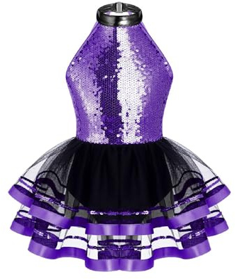 Alvivi Vestito da Danza Classica Bambina Paillettes Tutu Body da Balletto Abito da Ballo Senza Manica Ballerina Jazz Danza Moderna Dancewear