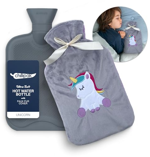 CHILLIPAK Fluffy Hot Water Bottle with Cover UK - Large 2L Reusable Hot Water Bag for Pain Relief Back Neck Shoulder Belly with Soft Sherpa Cover Cute Embroidery - Multipurpose Hot Cold Compress