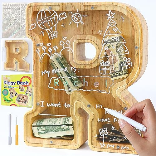 Mikytoper Letter Money Box for Kids Large Wooden Personalized A-Z Piggy Bank Clear Alphabet Money Bank Coin Bank for Gift Decoration Baptism (R)