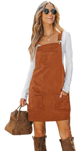 CUPSHE Women Corduroy Fall Dresses Front Bib Pocket Square Neck Wide Strap Casual Overall Mini Dress, Orange S