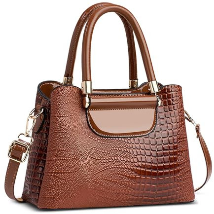 FOLOVEYA Damen Handtasche Mode Krokodilmuster Frauen Henkeltaschen Umhängetasche Elegant Tote Taschen Klein Shopper Schultertasche PU Leder für Arbeiten Reisen Dating mit Viele Taschen Braun