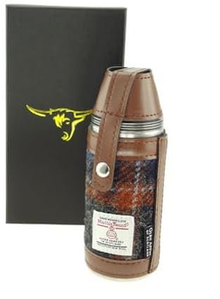 Kilts Wi Hae Harris Tweed Edelstahl-Flachmann mit Schottenkaro, 237 ml, Marineblau und Orange
