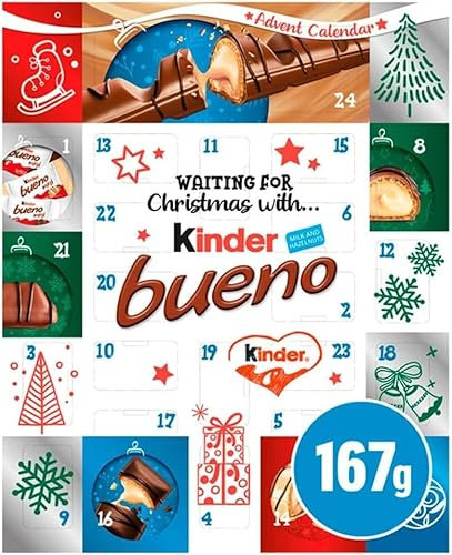 SKYTE® Kinder Bueno Advent Calendar 2023, Christmas Chocolate Gift, 24 Assorted Milk Chocolate Covered Wafers with Milky and Hazelnut Filling, (167g)