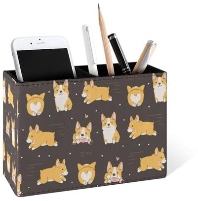 Famame Kawaii Corgi - Pot à crayons en cuir pour bureau, bureau et maison