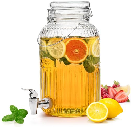 Kingrol 4L Glass Drink Dispenser with Tap, 1 Gallon Mason Jar Drink Dispenser with Lid and Spigot - Wide Mouth, Leak Proof Juice Pitcher- Vintage Beverage Dispenser for Party, Wedding, Picnic