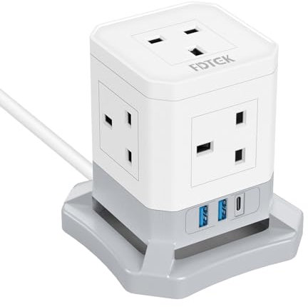 Cube Extension Lead with USB Slots, FDTEK 5 Gang Extension Cable with 2 USB A & 1 USB C Slots, Multi Plug Extension Socket With 1.5M Cord and Switch Power Strip for Home Office