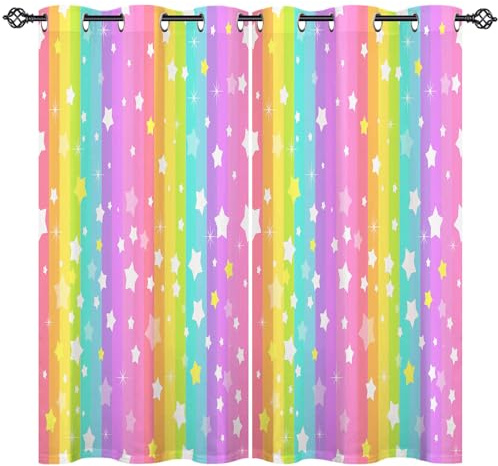 ANHOPE Bunt Regenbogen Linie Sterne Verdunklungsvorhänge mit Ösen Thermo Vorhänge Blickdichte Gardinen Kinder Mädchen Blackout Curtain Wohnzimmer Schlafzimmer Vorhang 2er Set H 138 x B 117 cm