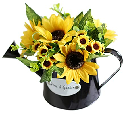 Decorative Vase Flower Jug Vase Metal Artificial Sunflowers Watering Pot Shape Bonsai, Fake Flower Daisy with Vase, Sunflower in Metal Kettle Pot, Silk Flower Arrangements Bonsai for Party Office Gard