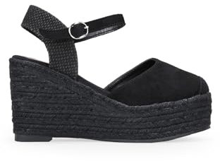 BOSANOVA Alpargatas de Mujer en Ante Negro con Detalle de Puntera en Canvas y Suela de Plataforma con cuña de Esparto Negra. Cierre de Pulsera con Hebilla. Calzado para Mujer Negro 36