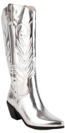 VAVENI Stivali da cowboy occidentali ricamati argento a punta stivali da cavaliere lungo tubo tacco spesso stivali di cotone