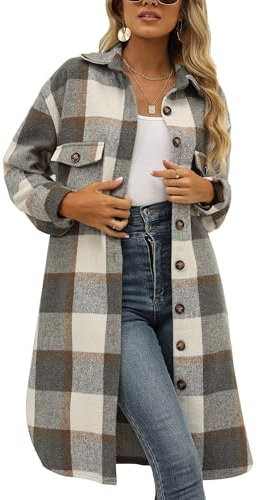 Jhsnjnr Veste à carreaux en flanelle pour femme, surdimensionnée, manches longues, revers boutonné, chemise à carreaux, en coton, veste longue, Gris à carreaux, L
