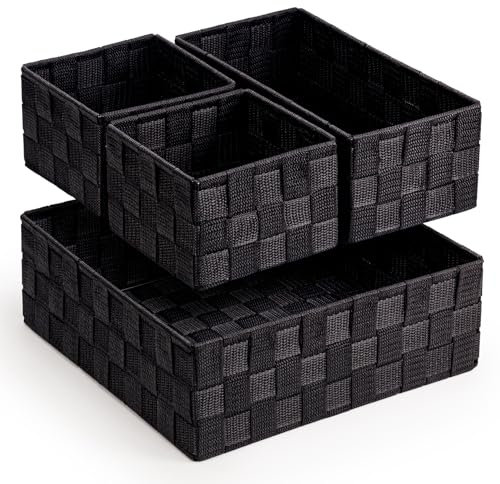 EHC Set of 4 Woven Shelf Storage Basket, Polypropylene Basket Hamper, Home Storage Organiser, Black