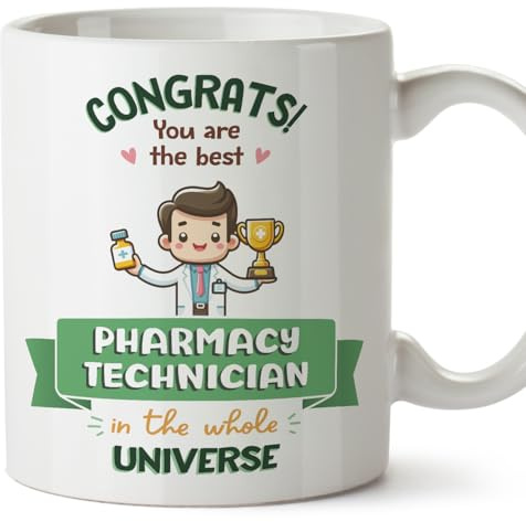 MUGFFINS Pharmacy Technician Man Mug - in English - Best in Universe Trophy - Funny Gift for Colleagues - Ceramic 11oz Mug