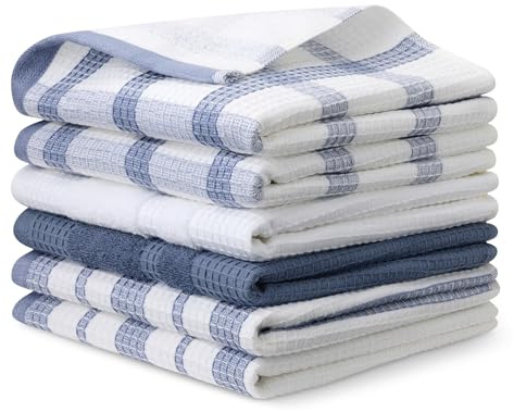 Amazon Basics Waffel-Geschirrtücher aus 100% Bio-Baumwolle - Hochsaugfähig, Schnelltrocknend, Fusselfrei Küchentücher, 38 x 64 cm, 6er-Set (Sortiert Marineblau, Weiß)