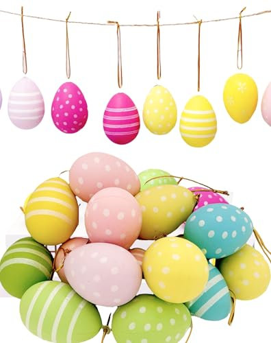 Pubbyuer Ostereier zum Aufhängen, 24 Stück Schöne Hängedeko aus Kunststoff Bunt Robust & Wiederverwendbar, Aufhängen Draußen Innen Perfekt zum Basteln, Verstecken und Dekorieren