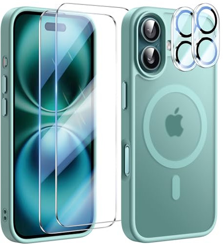 YisrLery 5-in-1 Kompatibel mit iPhone 16 Hülle Mag Safe 2 Stück Schutzfolie 2 Stück Kameraschutz Militärnorm Stoßfest Magnetisch Kratzresistente Rückseite 6.1- Blaugrün