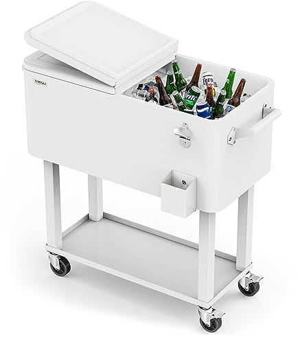 Bonnlo Cooler Bar Cart, 80QT Rolling Ice Chest with Shelf, Outdoor Portable Drinks Cooler Trolley with Bottle Opener, Easy Move for Backyard Party, White