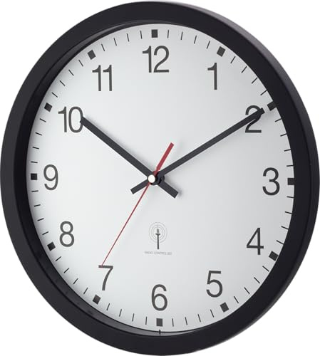53831-05-Eurotime Funkwanduhr 30 cm, 12 Zahlen Zifferblatt, Kunststoffgehäuse und Echtglas, Zeigersatz schwarz und sekunde rot