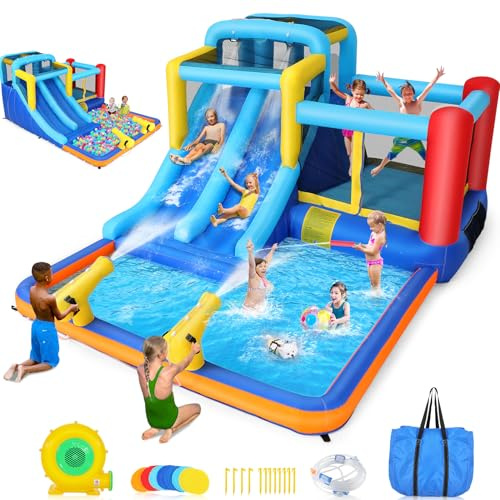 Aufblasbare Wasserrutsche Hüpfburg mit Gebläse für Kinder 3-12 Jahre, Trocken-/Wasserrutsche, Wasserpark mit Doppelrutsche, Planschbecken & Schwimmbecken, Basketballkorb, Wasserkanone