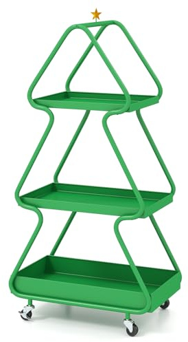 COSTWAY Christmas Shelving Unit, 2/3-Tier Xmas Storage Shelves, Metal Frame Christmas Decorative Nightstand Side End Table for Living Room Bedroom (1, Christmas Tree Shaped, with Wheels)