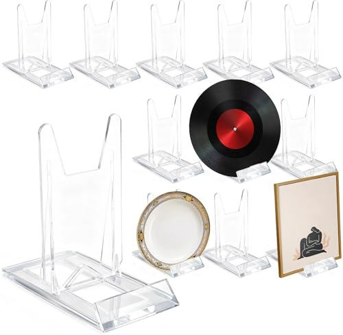12 Piezas Soportes Placas, Soporte Platos Decorativos Acrílico 11,5x11x6cm, Caballetes Exhibición Plástico Transparente, Soporte Metacrilato Ajustable para Marcos Fotos, Álbumes, CD,Postales & Cuadros