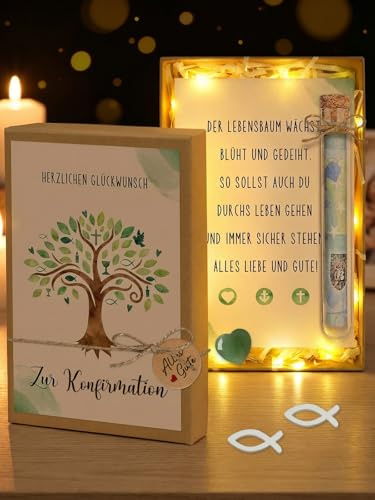 Geldgeschenk Konfirmation mit Led, Konfirmation Geschenk Junge Mädchen Deko, Geschenkbox Geldgeschenke Verpackung mit Reagenzglas konfirmationskarten Holzspäne Fisch Herzstein Geschenktüte
