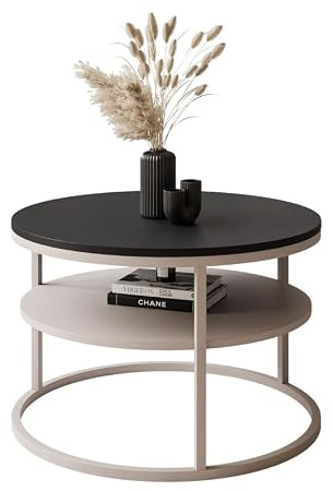 Lookway Couchtisch CIRI Slim MATT, rund ⌀60 cm, kaschmirfarbenes Gestell mit Ablage, Wohnzimmertisch (Schwarz matt)