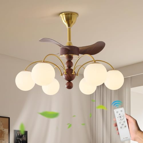 KCO Ventilatore da Soffitto con Luce e Telecomando 32 | Lampadario Vintage a 6 Luci, Pale in Legno di Noce, Stile Mid-Century Modern, Per Camera Soggiorno Sala da Pranzo