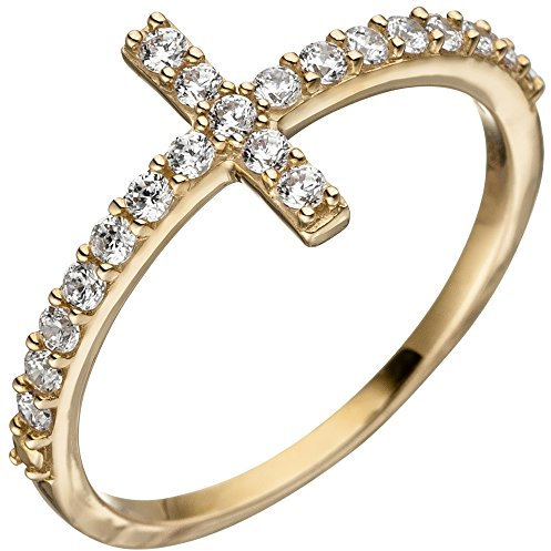 Schmuck Krone Ring Damenring Kreuz Kreuzring aus 333 Gold Gelbgold mit 19 Zirkonia Goldring, Ringgröße:Innenumfang 50mm ~ Ø15.9mm