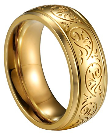 JewelryWe Ring Herren Edelstahl Florentine: 8mm Herren-Ring Band Gold Gravierte Gravur Florence Blumenmuster Design Hochzeit Engagement Verlobung Ringe Bandring Größe 62