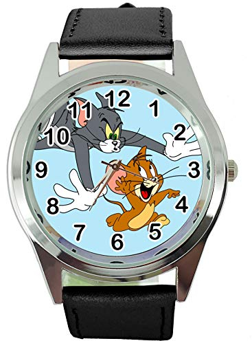 Taport® Tom und Jerry Quarz-Armbanduhr, rund, SCI FI, echtes Lederband, inklusive Ersatzakku und Geschenkbeutel, Schwarz